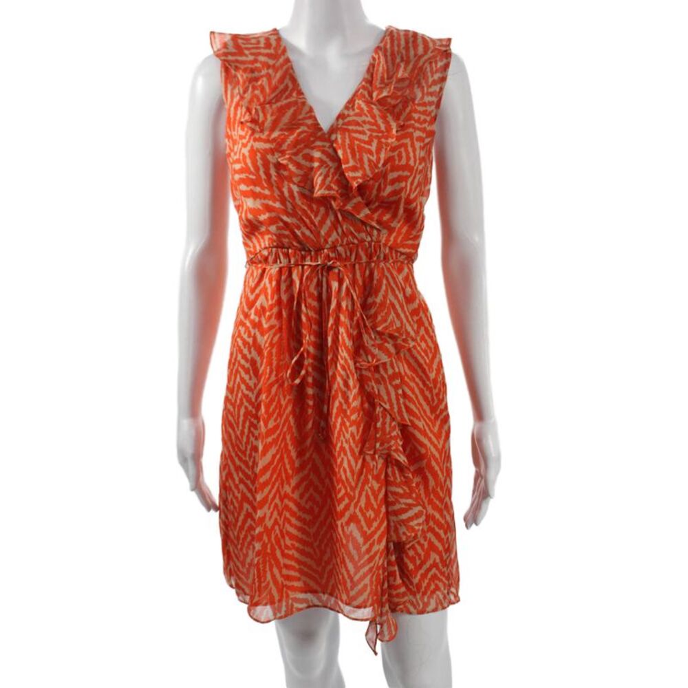 Milly Women Wrap Dress Orange Silk V Neck Animal Print Knee Length Size 2